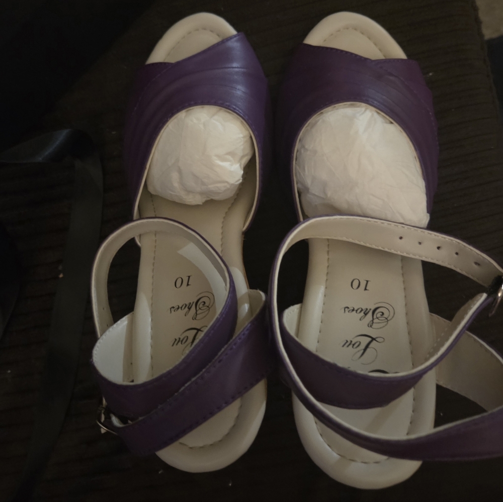 Lucky Lou Bang Purple Leather Boom Wedge Wood Heel Strap Sandal Nib Pinup 10 - Picture 6 of 11